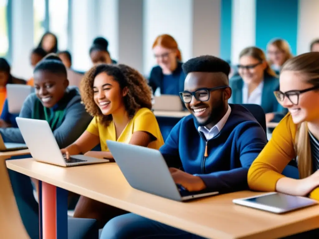 Estudiantes de bajos ingresos aprendiendo con tecnología Estudiantes de bajos ingresos usando tecnología en aula avanzada, destacando soluciones para la brecha digital en admisiones universitarias