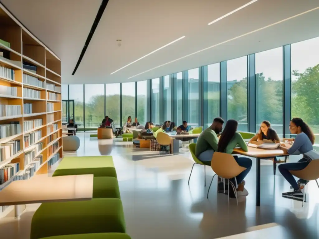 Estudio colaborativo en biblioteca moderna Estudiantes de bajos recursos en biblioteca universitaria