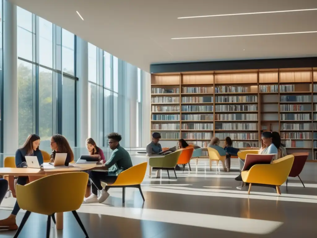 Estudio colaborativo en biblioteca moderna Estudiantes diversos estudian en biblioteca moderna - Exenciones de matrícula universitaria