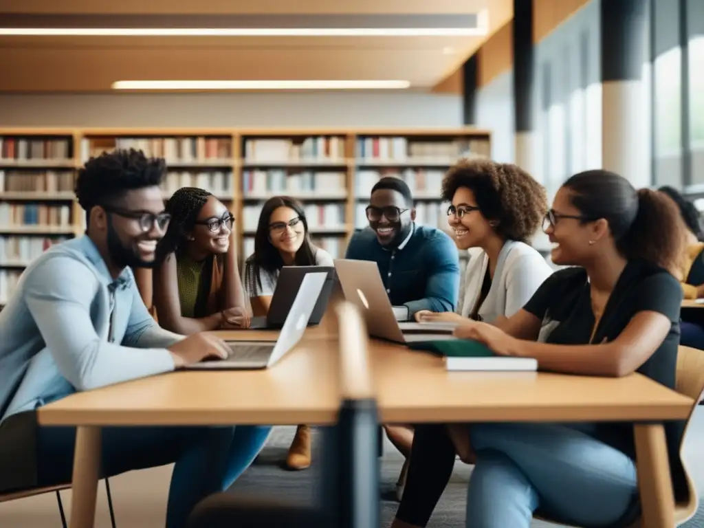 Estudiantes inmersos en aprendizaje inclusivo Estudiantes en biblioteca universitaria moderna estudiando - Consejos de admisiones universitarias económicas