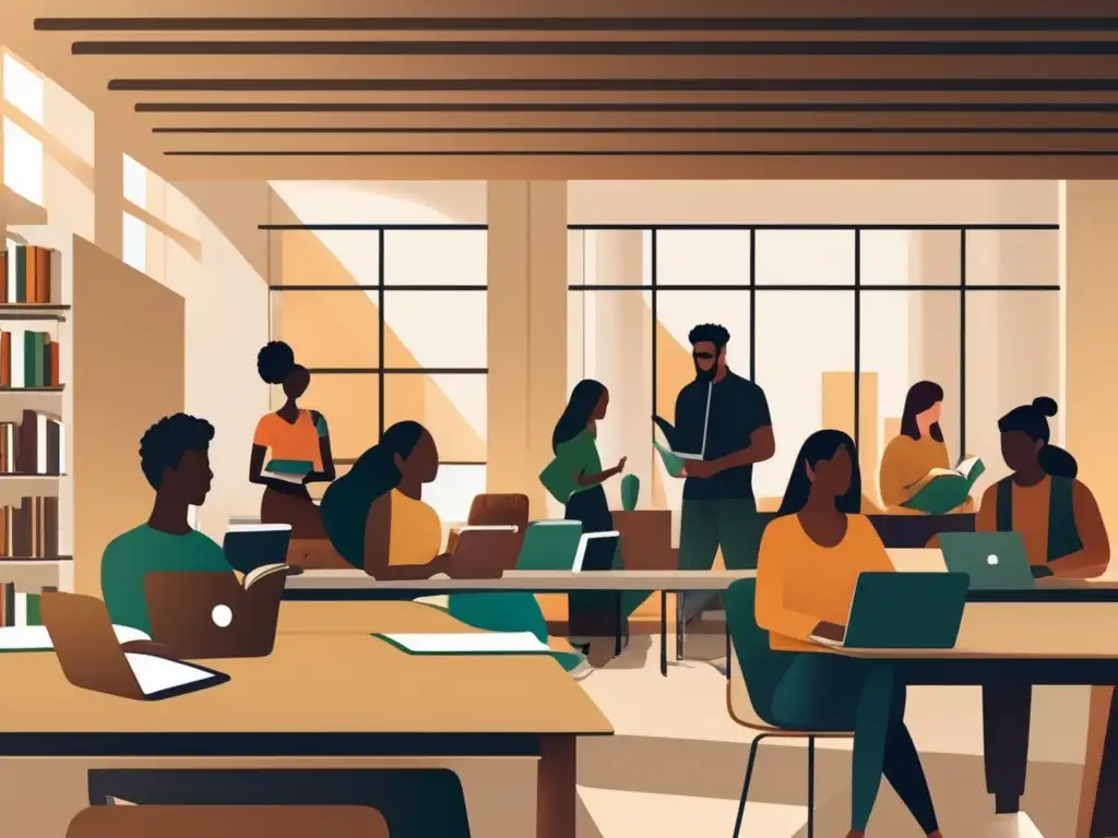 Estudiantes diversos colaborando en biblioteca universitaria Estudiantes diversos trabajando en biblioteca universitaria: Oportunidades admisión grupos subrepresentados