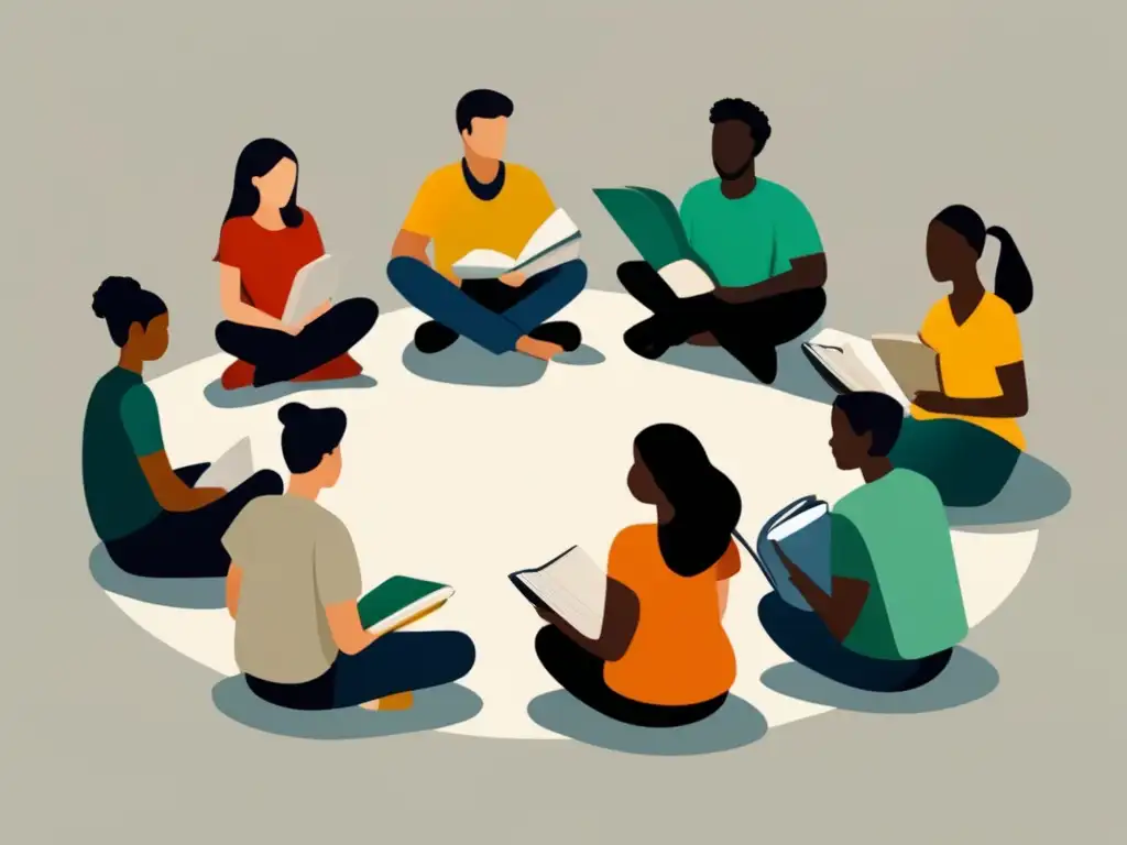 Discusión colaborativa de estudiantes diverso Estudiantes discutiendo en círculo, preparación exámenes admisión universitaria internacionales