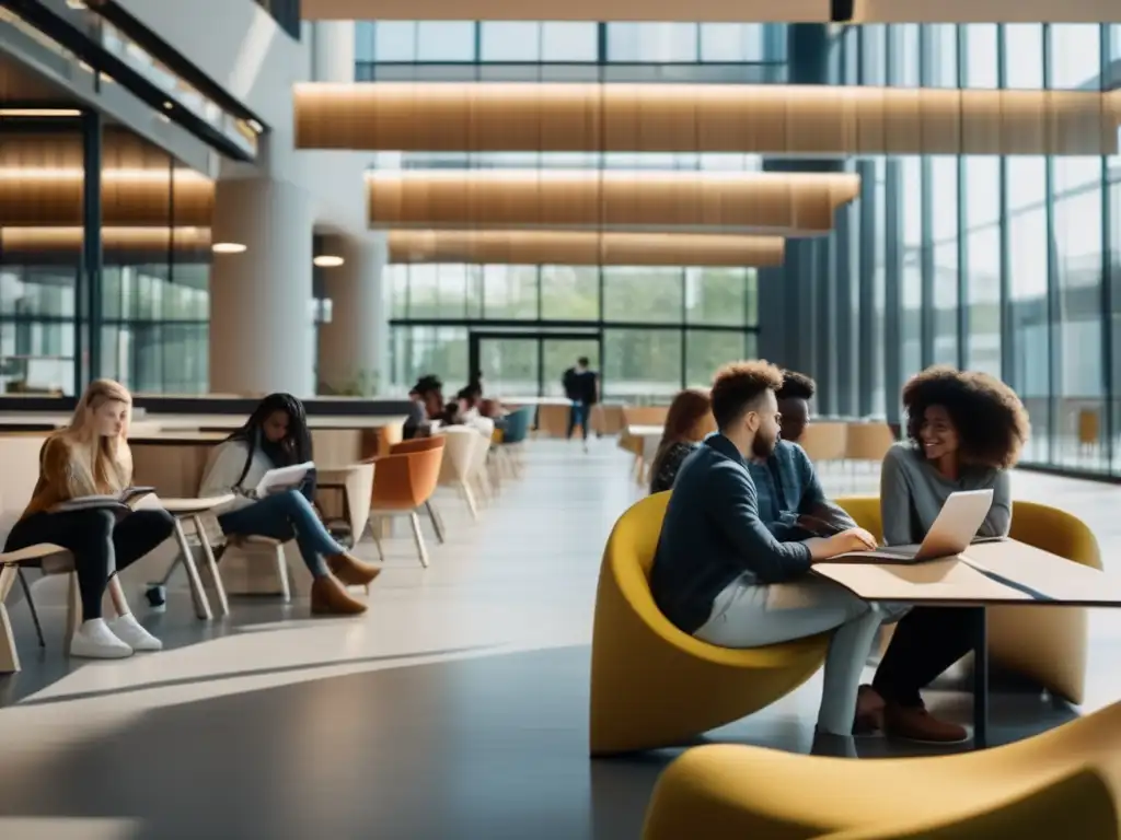 Estudiantes colaborando en biblioteca moderna Estudiantes colaborativos en biblioteca universitaria - Préstamos estudiantiles 2023