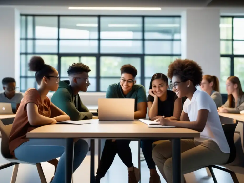 Jóvenes estudiantes colaborando en un espacio de estudio moderno y luminoso Estudiantes colaborativos en un espacio de estudio minimalista con luz natural - Proceso de admisión universitaria para jóvenes vulnerables