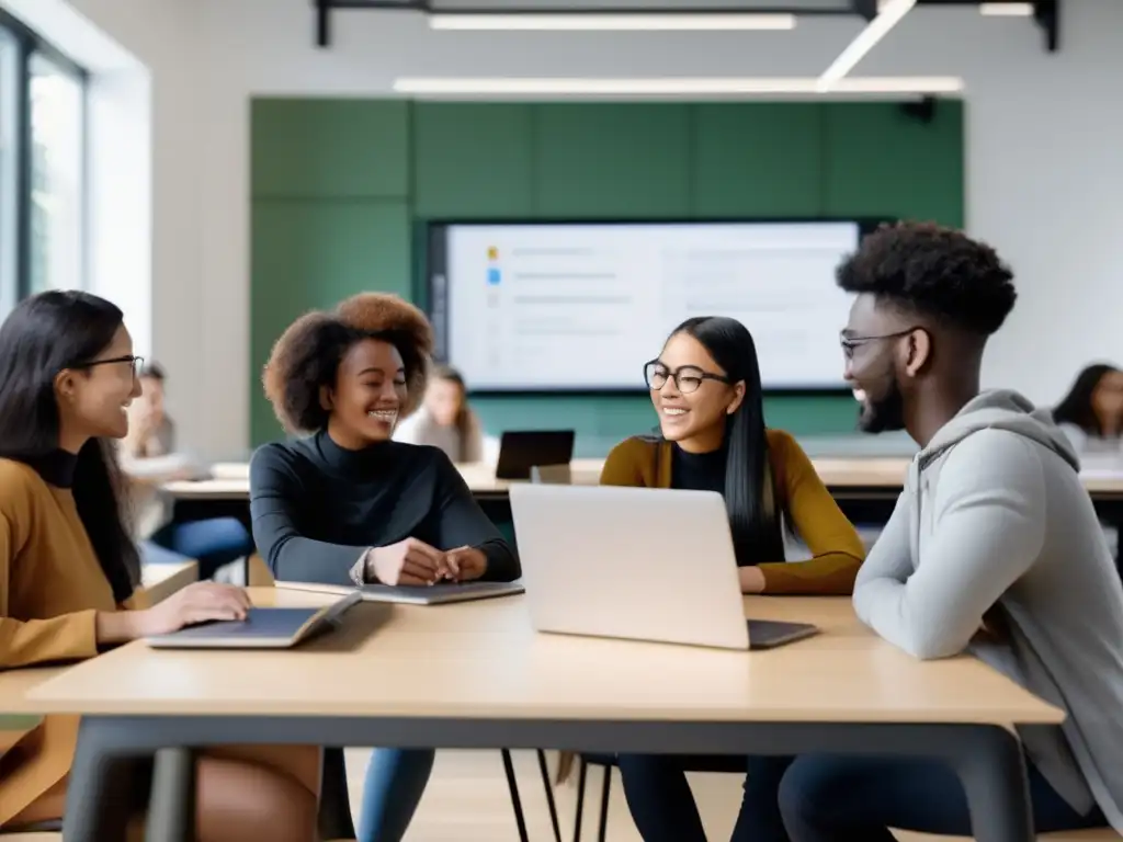 Estudiantes diversos colaborando en aula universitaria moderna Estudiantes de diferentes culturas colaborando en aula universitaria - Guía completa admisiones universitarias internacionales