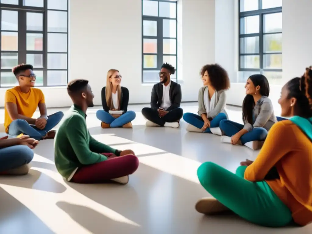 Estudiantes diversos en conversación Estudiantes de diferentes culturas en círculo, compartiendo experiencias en aula moderna - Preparación intercambios académicos universitarios