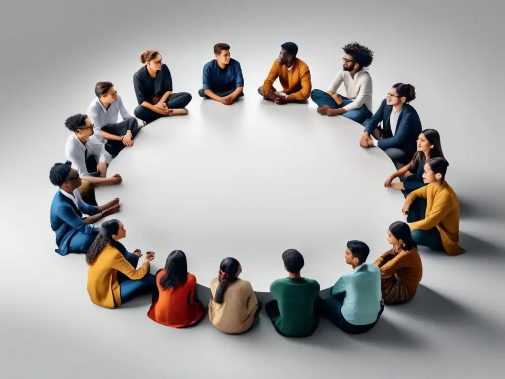 Estudiantes diversos en círculo discutiendo Estudiantes de diferentes culturas en discusión, promoviendo adaptación cultural al estudiar en el extranjero