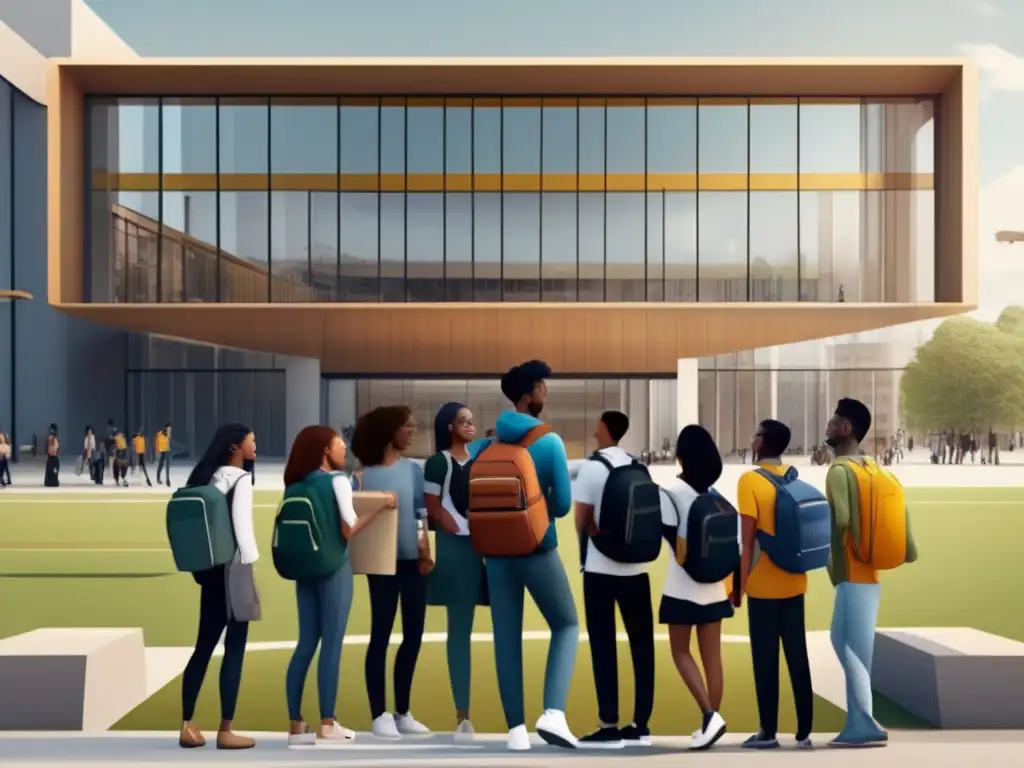 Estudiantes diversos frente a la universidad Estudiantes de diferentes culturas frente a una universidad moderna, representando inclusión y comunidad