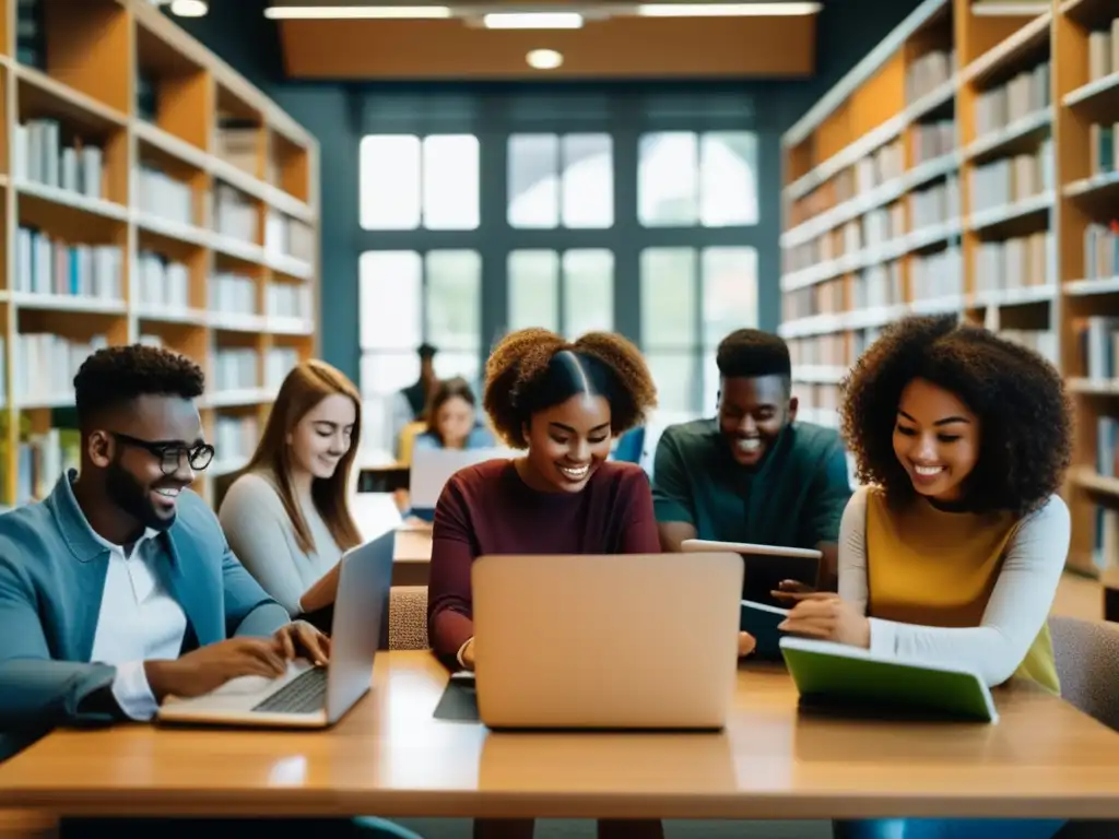 Estudiantes enfocados en estudios en biblioteca Estudiantes dedicados estudiando en una biblioteca, resaltando las opciones de financiamiento educativo online