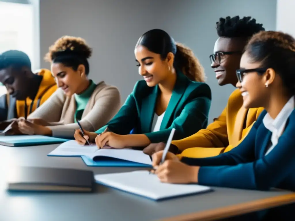 Estudiantes diversificados en sesión de orientación vocacional Estudiantes desfavorecidos recibiendo orientación vocacional en un entorno motivador y moderno