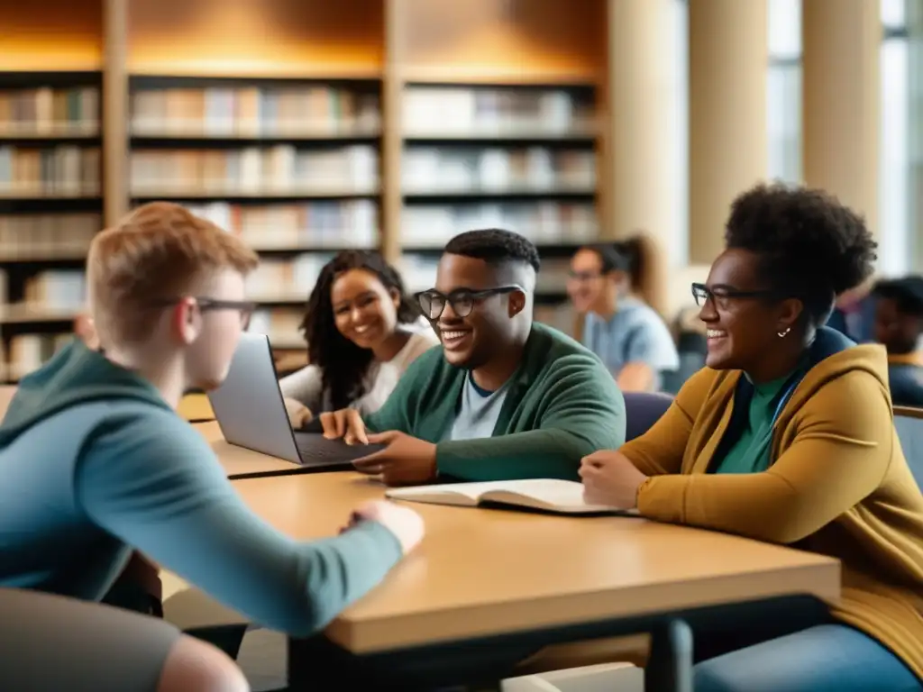 Estudio inclusivo en biblioteca universitaria Estudiantes con discapacidad colaborando en biblioteca universitaria - Opciones de financiamiento y becas disponibles