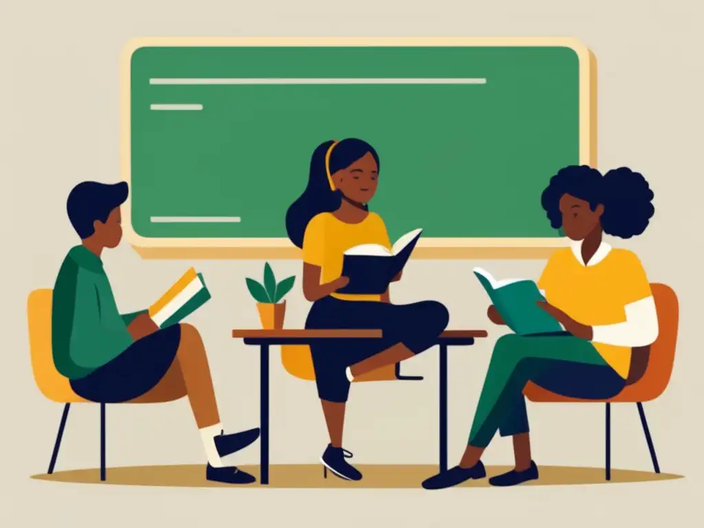 Aula serena con estudiantes diversos participando activamente Estudiantes diversos participando en discusión académica (Recursos para aprender inglés académico)