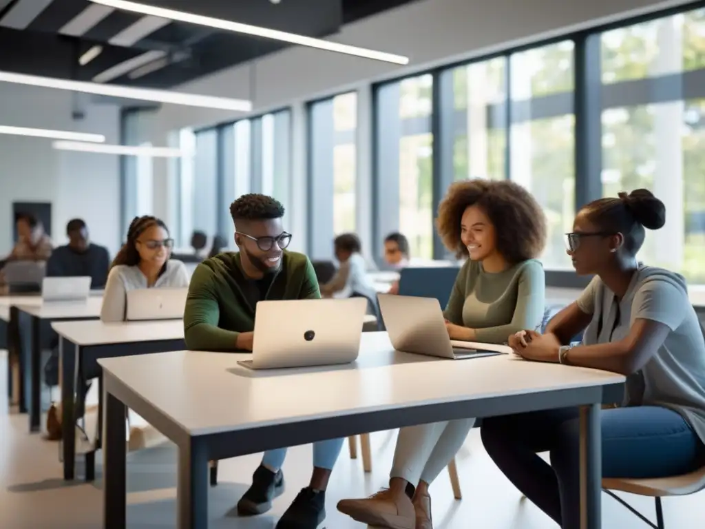 Estudiantes colaborando en sesión de codificación Estudiantes diversificados en actividad de codificación en aula minimalista
