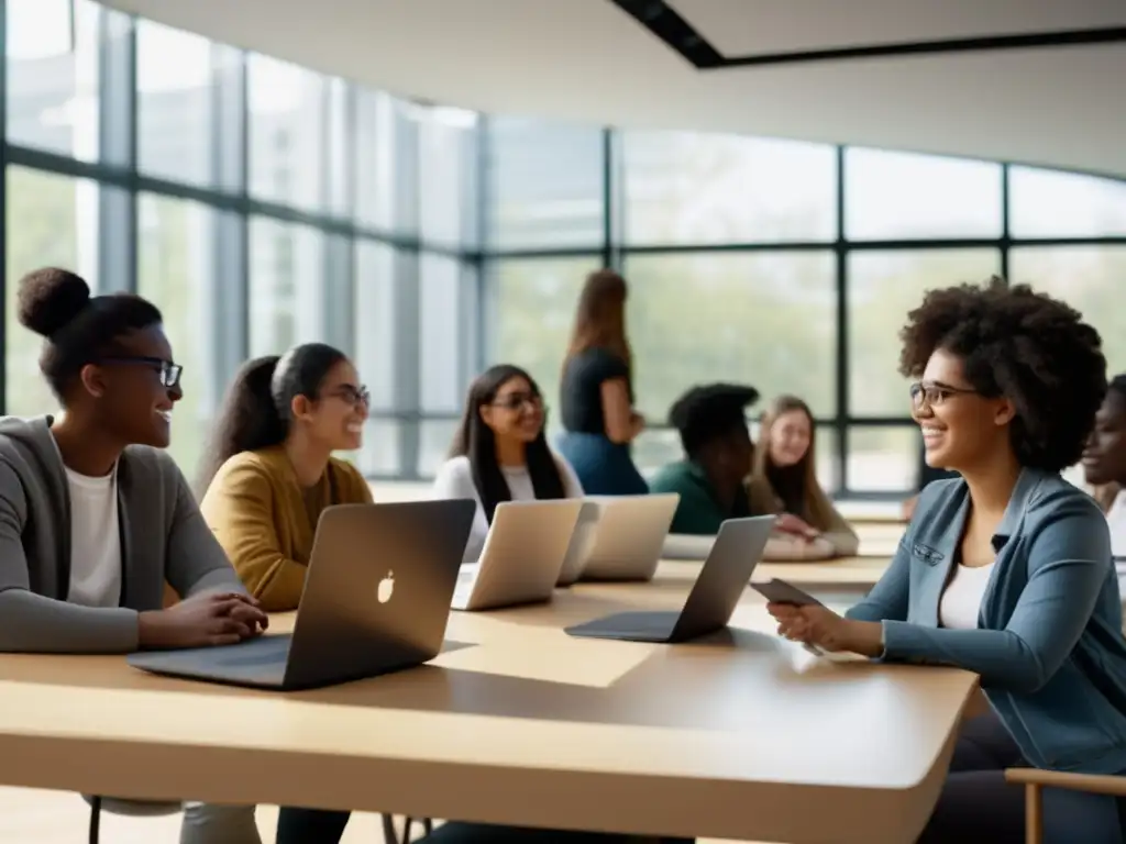 Estudiantes universitarios colaborando en un aula moderna y diversa Estudiantes diversificados colaborando en un aula moderna y luminosa
