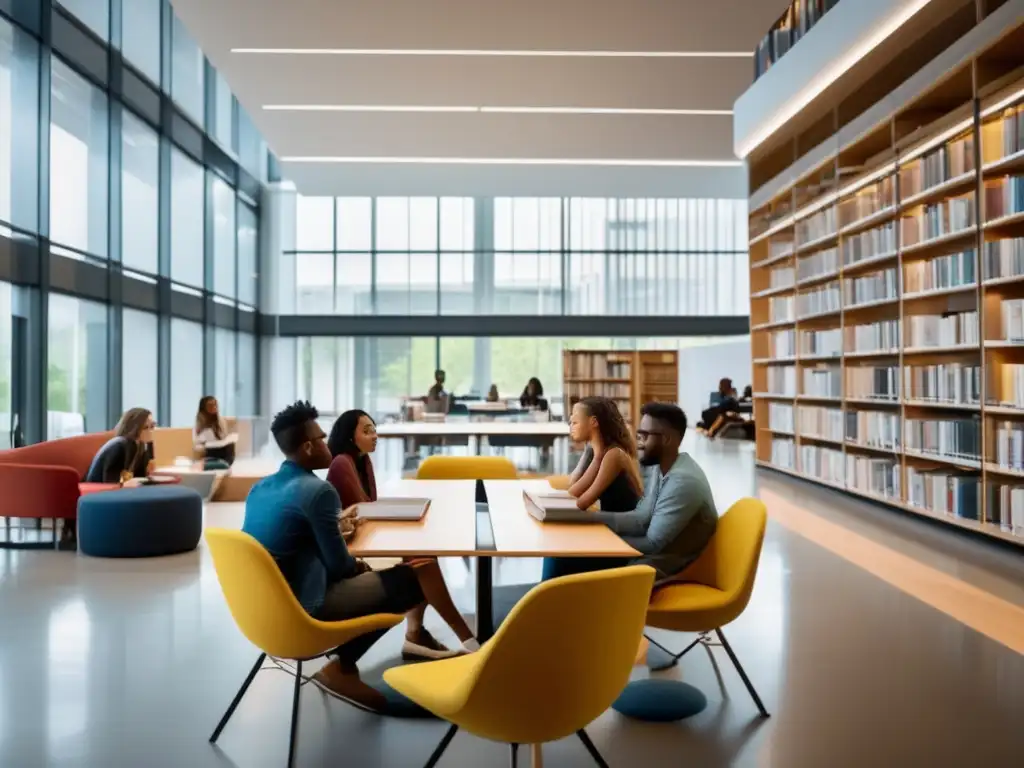 Estudiantes universitarios en biblioteca moderna Estudiantes diversificados en biblioteca universitaria, usando estrategias de redes sociales para admisiones universitarias