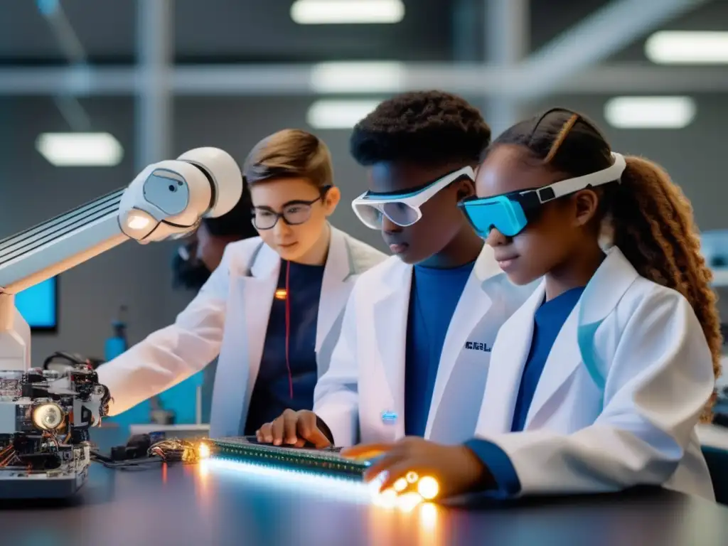 Estudiantes colaborando en club de robótica Estudiantes diversificados en el club de robótica, realizando actividades extracurriculares de ingeniería tecnológica
