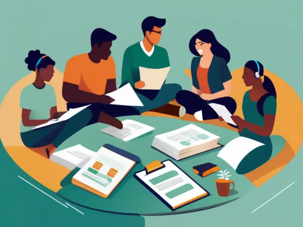 Estudiantes colaborando para admisión universitaria Estudiantes diversificados en discusión, preparándose para admisiones universitarias exitosas