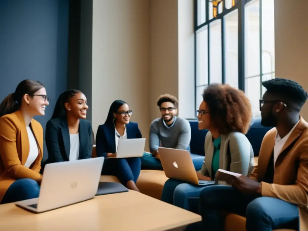 Estudiantes colaborando en un entorno universitario moderno Estudiantes diversificados en Notre Dame, preparando la admisión universitaria