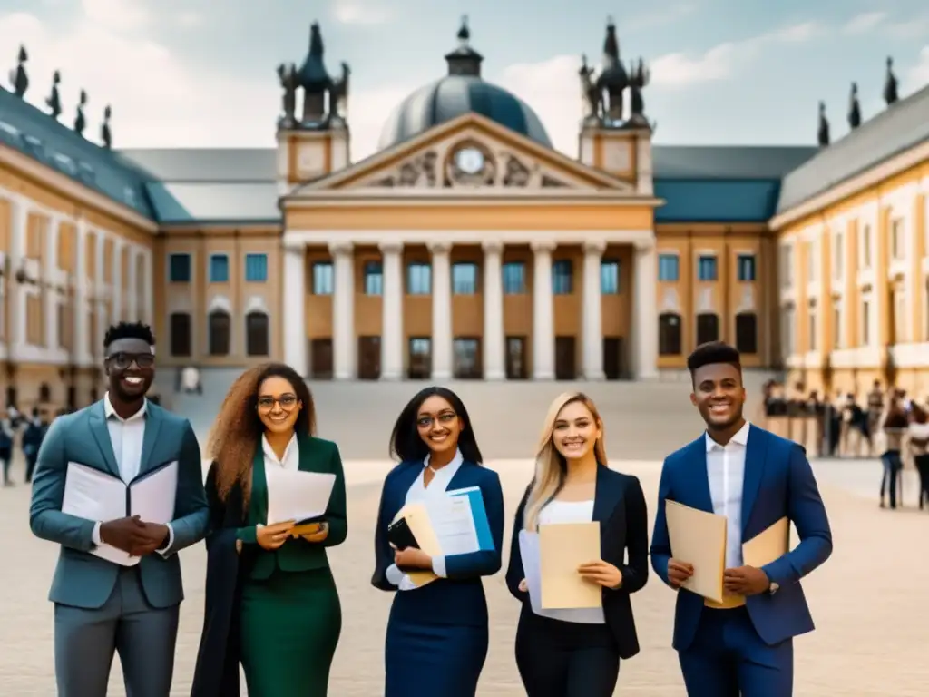 Un grupo diverso de estudiantes frente a una universidad europea Estudiantes diversificados en Europa: preparados para admisión universitaria (110 caracteres)