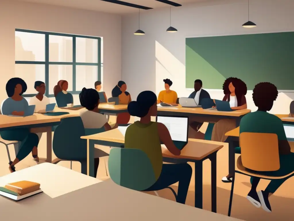 Estudiantes diversos en aula moderna y luminosa Estudiantes diversos en aula inclusiva con tecnología avanzada, beneficios de acción afirmativa en graduación universitaria
