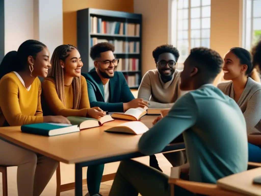 Estudiantes diversos en aula iluminada discutiendo Estudiantes diversos en aula discuten libros, desarrollan habilidades clave para examen admisión