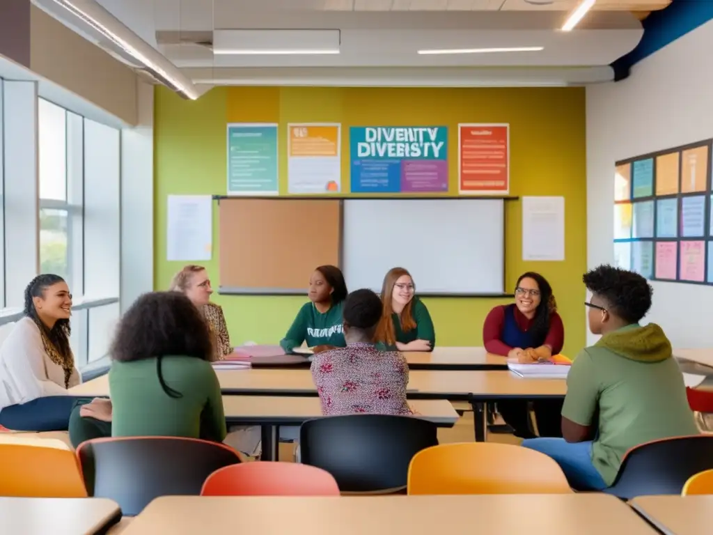 Aula inclusiva y diversa con estudiantes felices Estudiantes diversos en un aula luminosa, discutiendo y aprendiendo juntos