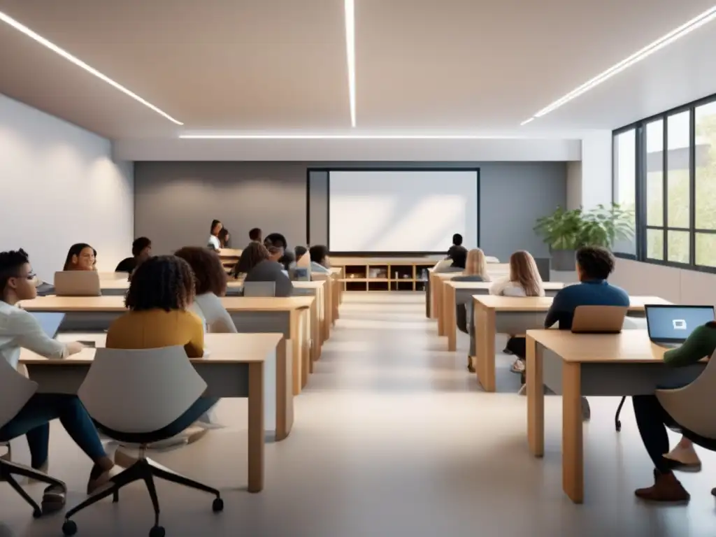 Estudio colaborativo diverso y moderno Estudiantes diversos en aula moderna, promoviendo Acción Afirmativa en admisiones universitarias
