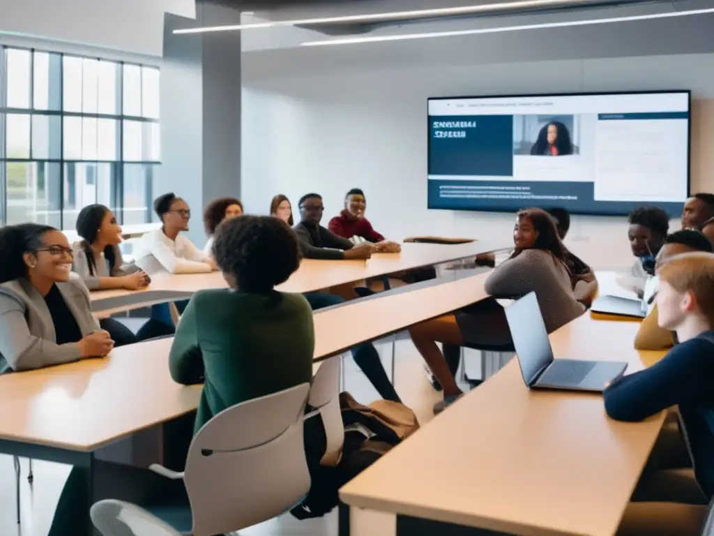 Estudiantes diversos en aula moderna Estudiantes diversos en aula moderna, tecnología avanzada y ambiente inclusivo - Guía completa admisiones universitarias internacionales