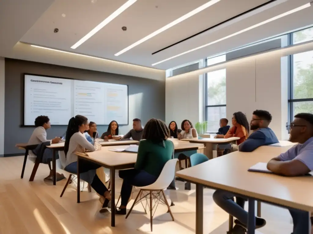 Estudiantes participando en aula moderna Estudiantes diversos en aula moderna discutiendo con profesor - Exenciones de matrícula universitaria
