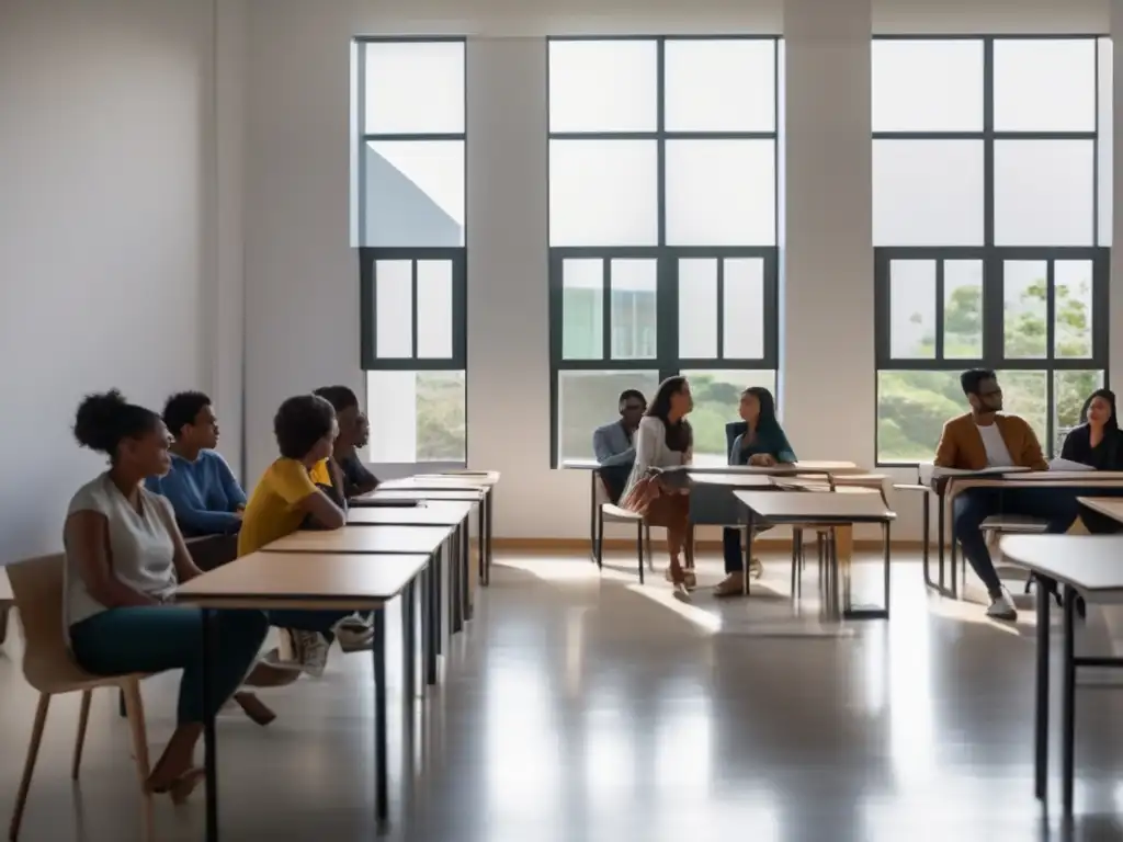 Estudiantes universitarios discutiendo en aula moderna Acción afirmativa discapacidad educación superior: estudiantes diversos en aula moderna y espaciosa, con inclusión y tecnología avanzada