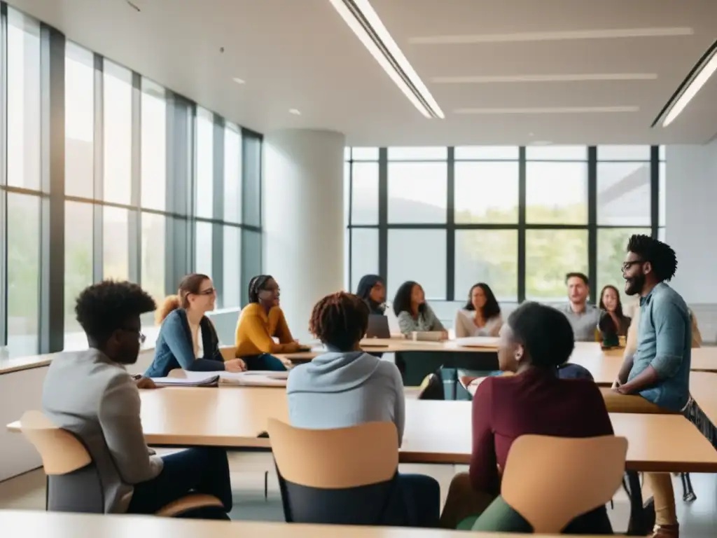 Estudiantes diversos en aula universitaria moderna Estudiantes diversos en aula universitaria con beneficios de acción afirmativa en graduación