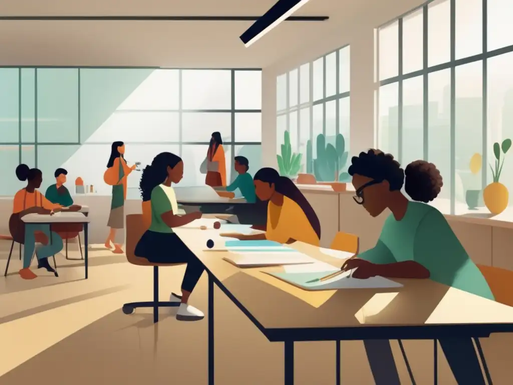 Aula inclusiva y creativa con estudiantes diversos Estudiantes diversos en aulas luminosas y espaciosas, fomentando la acción afirmativa en admisiones universitarias