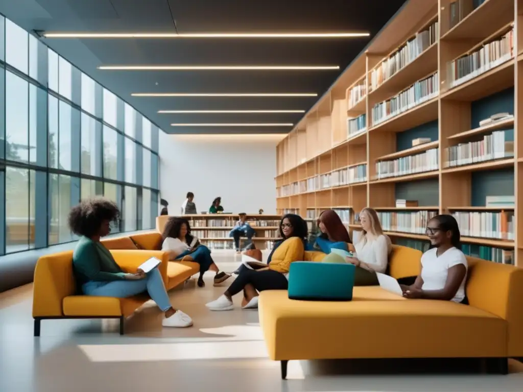 Estudiantes colaborando en biblioteca moderna Estudiantes diversos en biblioteca moderna, transmitiendo inclusión y colaboración