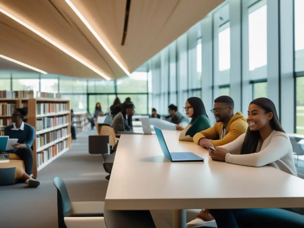 Estudiantes diversos estudian en biblioteca moderna Estudiantes diversos en biblioteca moderna y minimalista