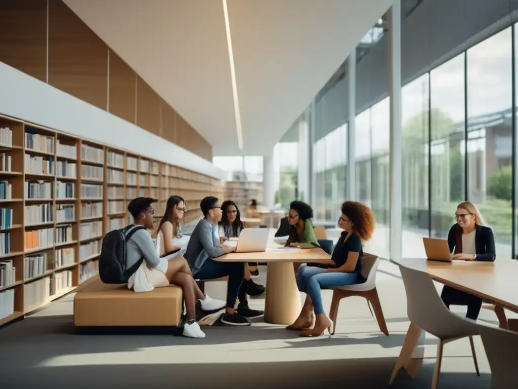 Estudiantes diversos estudiando en biblioteca moderna Estudiantes diversos en biblioteca universitaria: Importancia de las becas para igualdad educativa