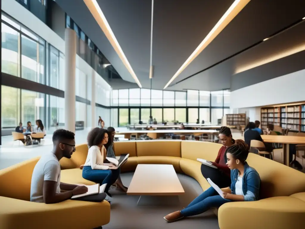 Estudiantes diversos en biblioteca moderna Estudiantes diversos en biblioteca universitaria promoviendo derechos estudiantiles (110 caracteres)