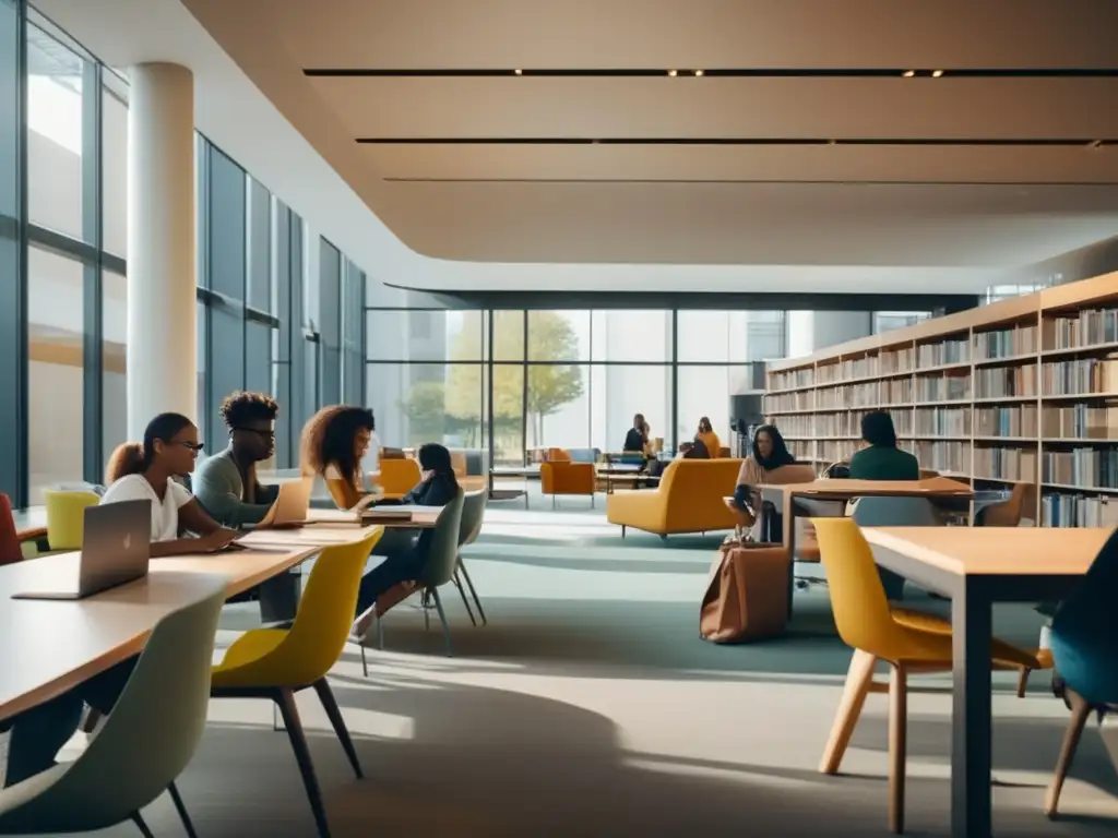 Estudiantes colaborando en biblioteca moderna Estudiantes diversos en biblioteca universitaria moderna y minimalista