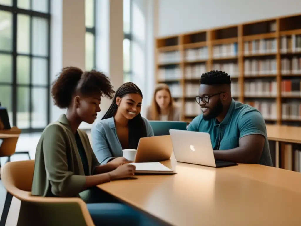 Estudiantes diversos estudiando juntos en biblioteca Estudiantes diversos en biblioteca universitaria: Admisión universidades sin requisitos restrictivos