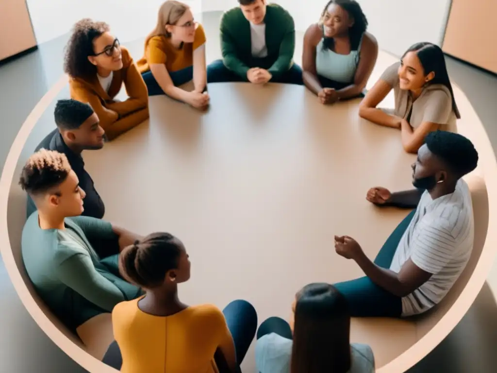 Estudiantes inclusivos en círculo de discusión Estudiantes diversos en círculo, discutiendo