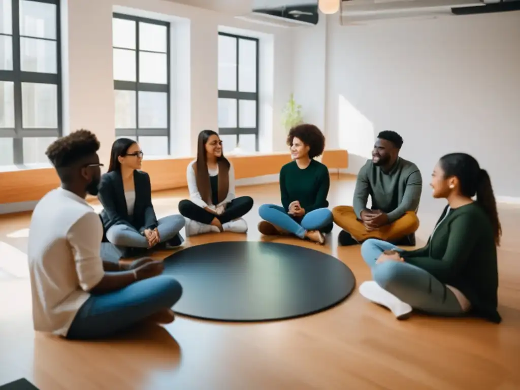 Estudiantes diversos en discusión Estudiantes diversos en círculo discutiendo apoyo mutuo, destacando inclusión y proceso de admisiones universitarias igualitario