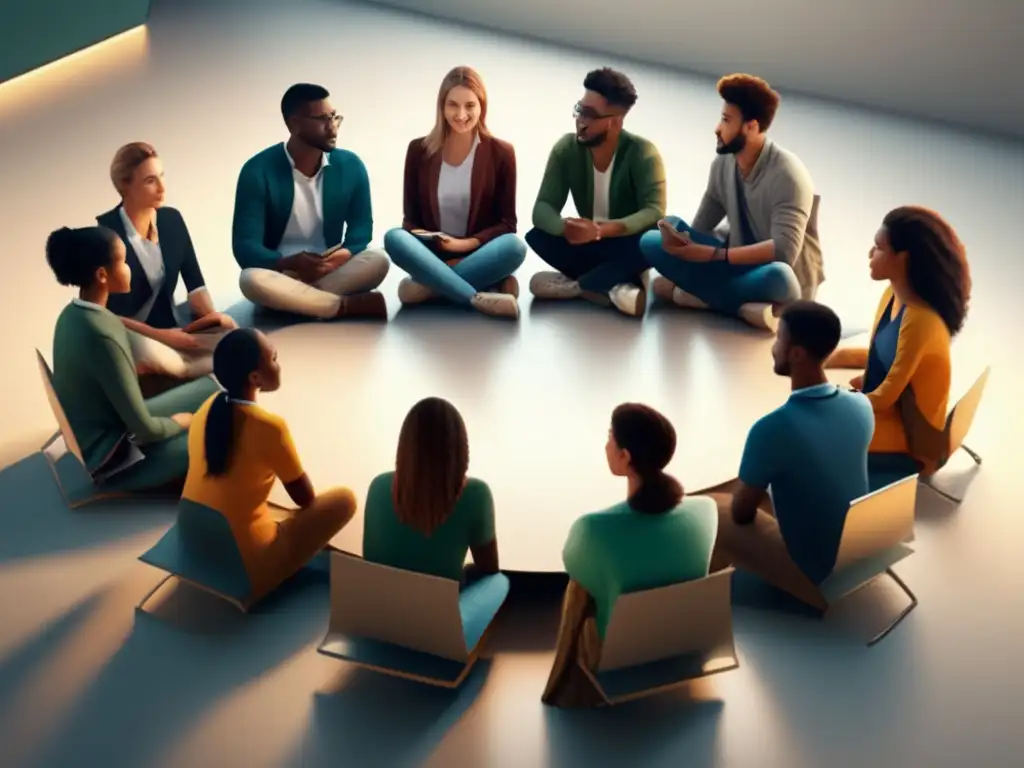Estudiantes colaborando en discusión Estudiantes diversos en círculo, colaborando en aula iluminada