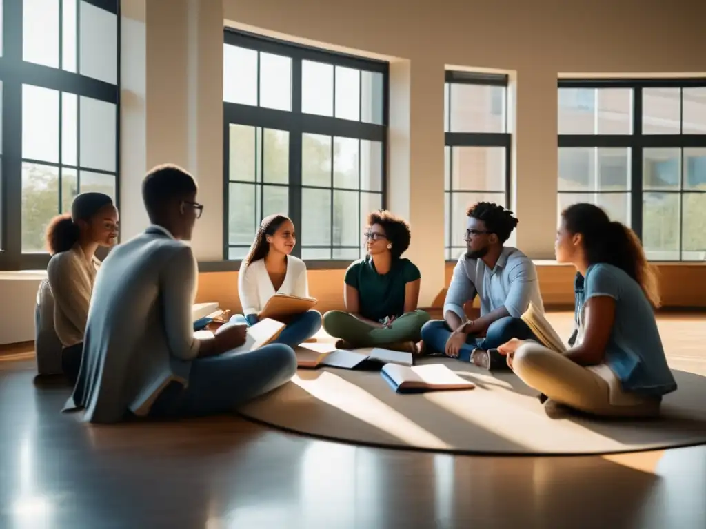 Estudiantes concentrados en estudio Estudiantes diversos en un círculo, estudiando y compartiendo conocimientos (#MejoresMomentosParaSolicitarBecasUniversitarias)