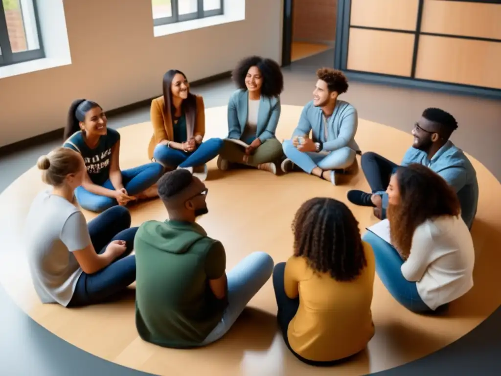Estudiantes diversos en discusión Estudiantes diversos en círculo, discutiendo, resaltando importancia de la inclusión en admisiones universitarias