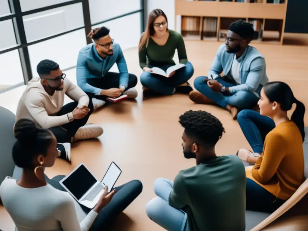 Estudiantes colaborando en Princeton Estudiantes diversos en círculo, discutiendo