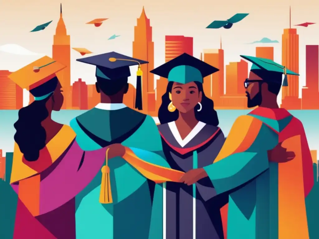 Unidad y diversidad en la graduación Estudiantes diversos en graduación con ciudad futurista - Proceso de admisiones universitarias y visas estudiantiles