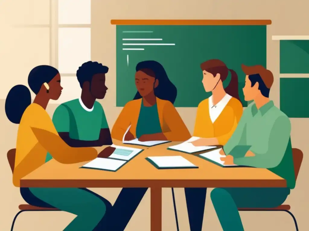 Estudiantes colaborando en un aula luminosa Estudiantes diversos en club escolar, habilidades de gestión y aprendizaje colaborativo