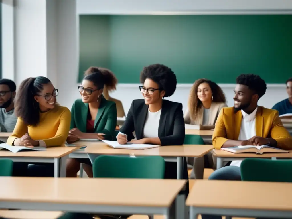 Estudiantes comprometidos en aula moderna Estudiantes diversos y determinados en un aula moderna, demostrando el poder transformador de las becas en la educación superior