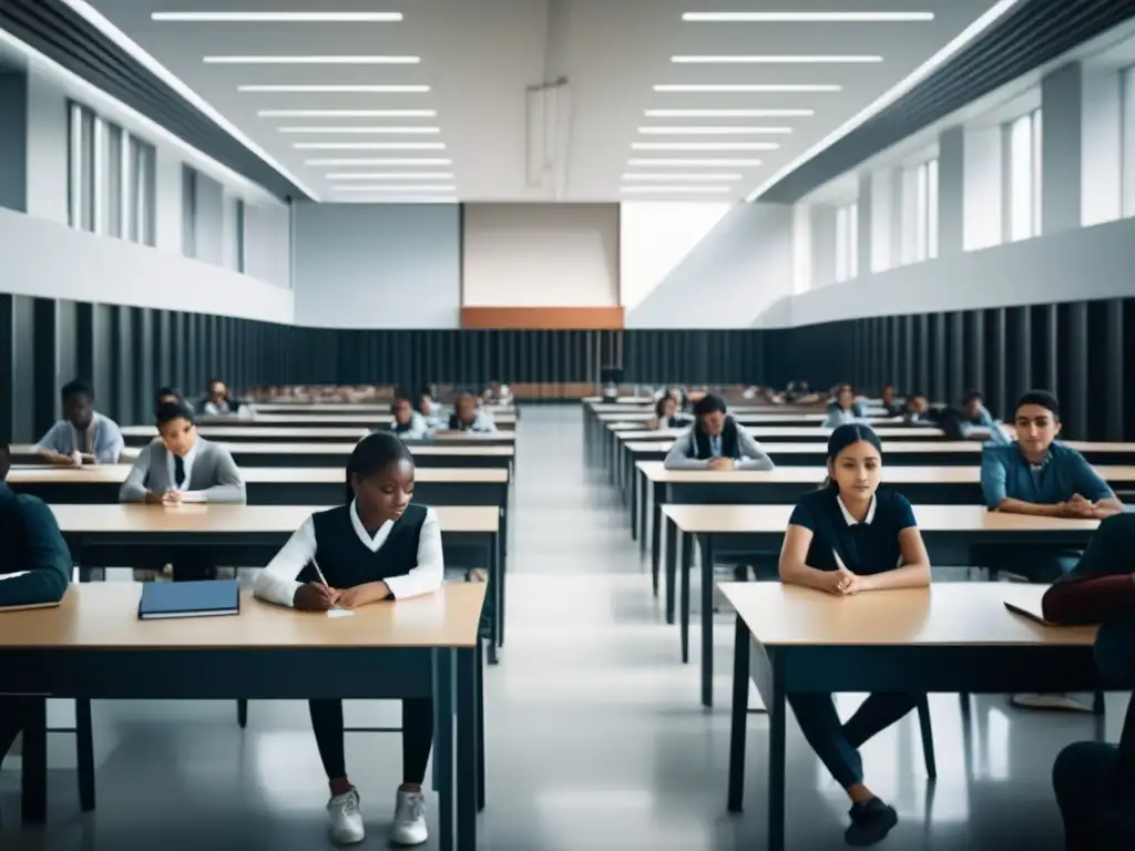 Estudiantes concentrados en examen Estudiantes diversos en examen de admisión universitaria