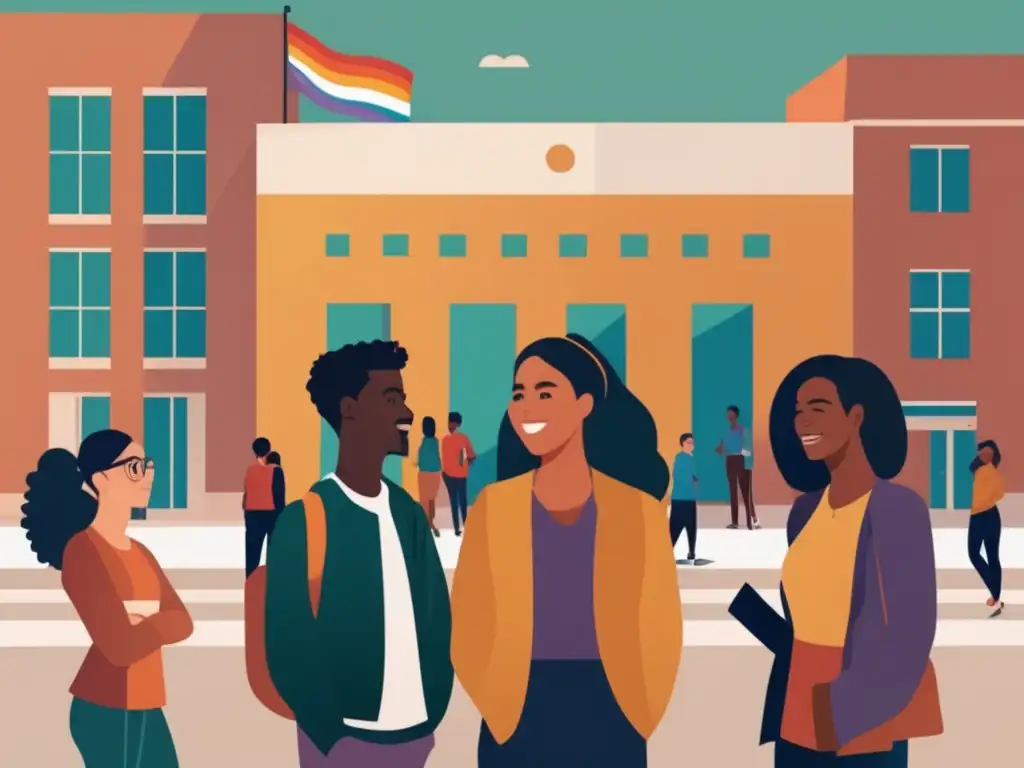 Estudiantes universitarios diversos en frente de edificio moderno Inclusión LGBTQ+ en educación superior: estudiantes diversos frente a un edificio universitario moderno