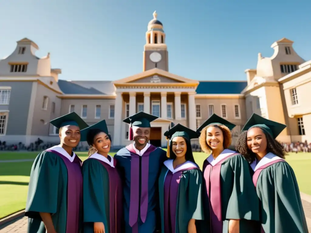 Graduación diversa en la Universidad de Cape Town Estudiantes diversos frente a la UCT, simbolizando la transformación de las admisiones durante el apartheid